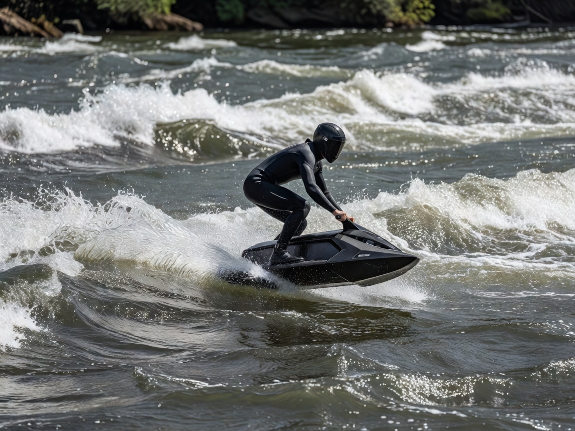 High speed racing electric jetboard cutting through intense river currents