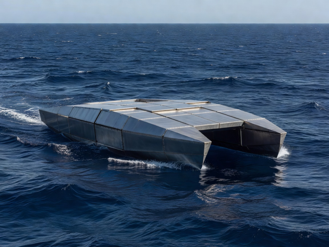 Titanium modular construction watercraft cruising smoothly through deep blue waters